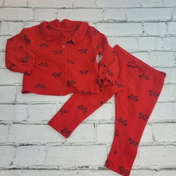 3-6MRed and Black Bow Cardigan Pant Set Unisex Kids Clothes Matching Holiday - Picture 5 of 11
